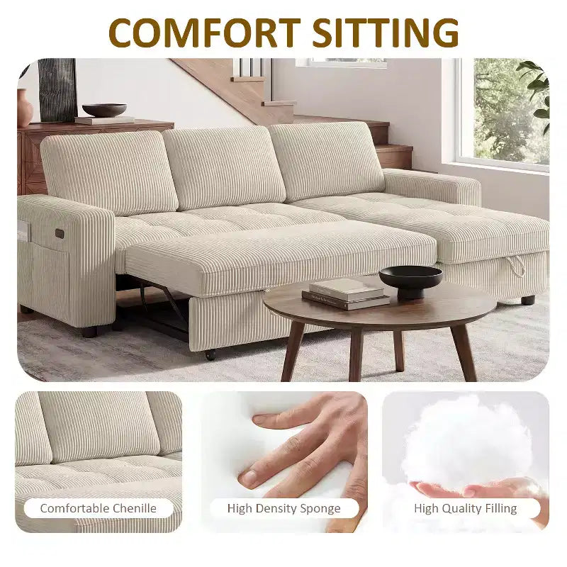 Divano letto Dyonery, 81 divano letto estraibile a L con penisola contenitore reversibile/porta USB/tasca laterale/montaggio senza attrezzi, velluto a coste beige