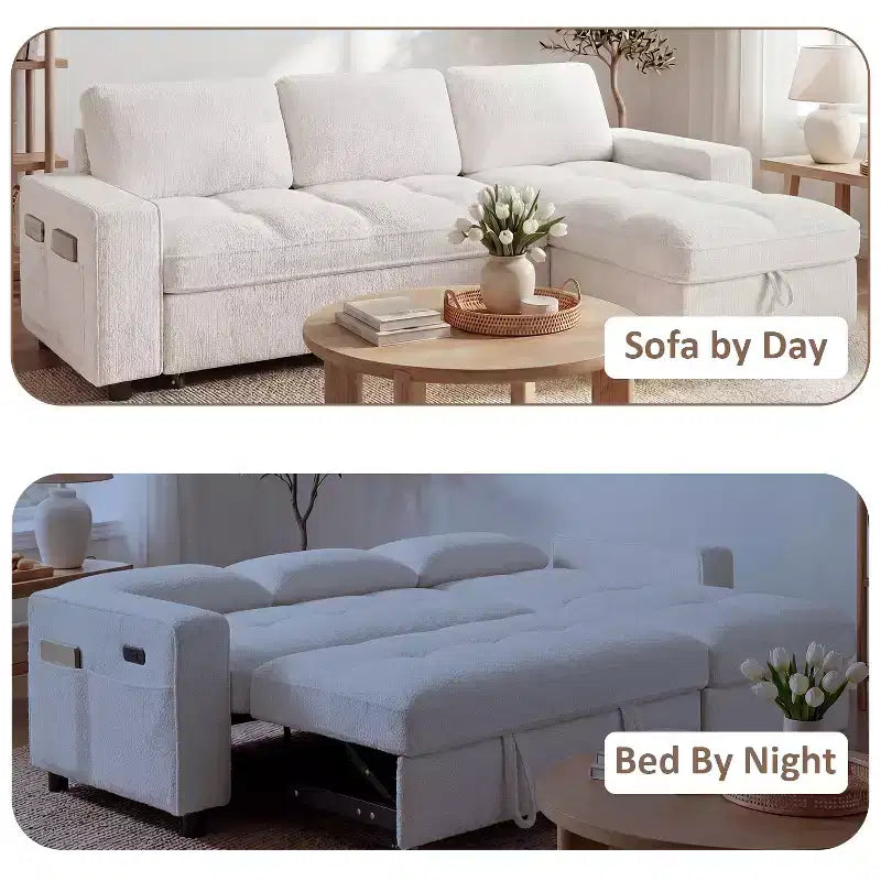 Divano letto Dyonery, 81 divano letto estraibile a L con penisola contenitore reversibile/porta USB/tasca laterale/montaggio senza attrezzi, velluto a coste beige