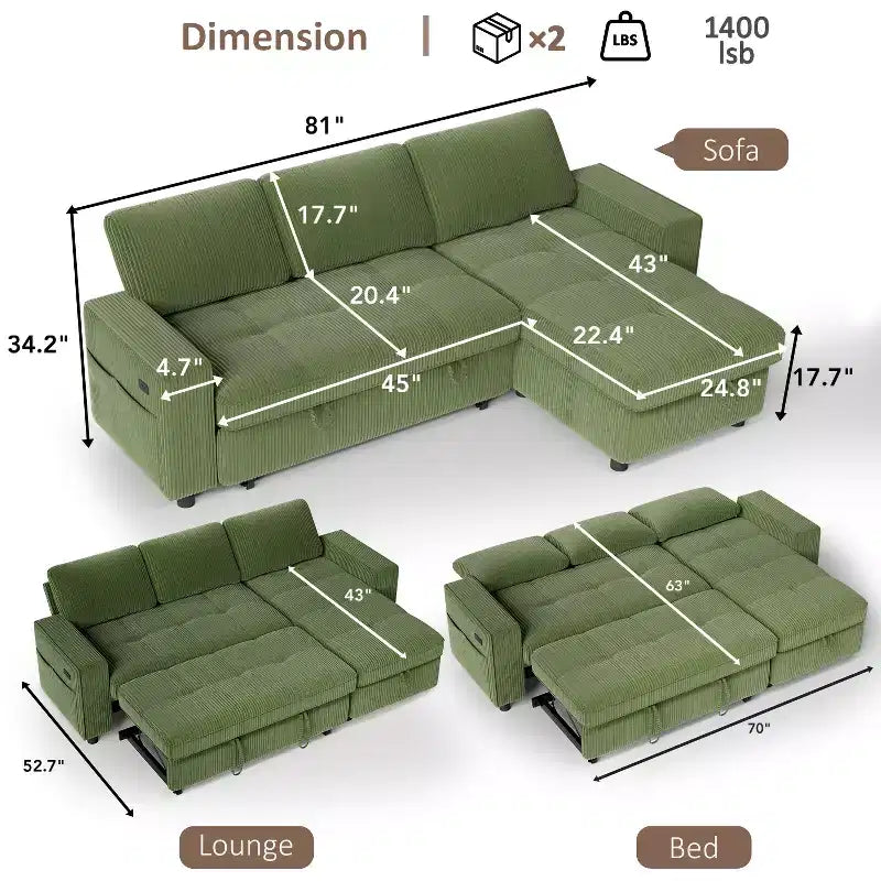 Divano letto Dyonery, 81 divano letto estraibile a L con penisola contenitore reversibile/porta USB/tasca laterale/montaggio senza attrezzi, velluto a coste beige