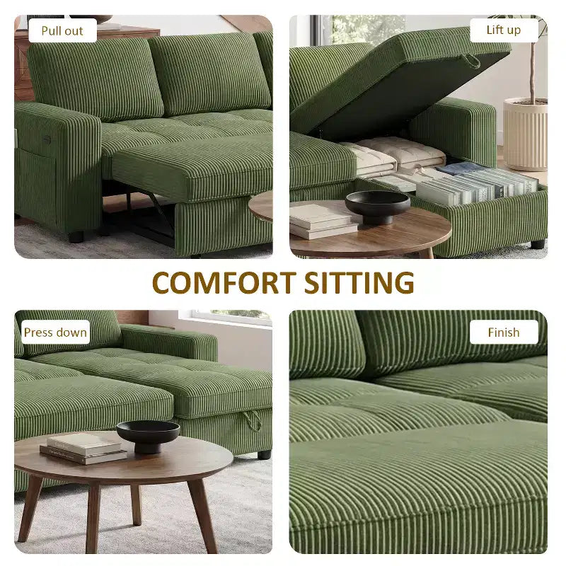 Divano letto Dyonery, 81 divano letto estraibile a L con penisola contenitore reversibile/porta USB/tasca laterale/montaggio senza attrezzi, velluto a coste beige