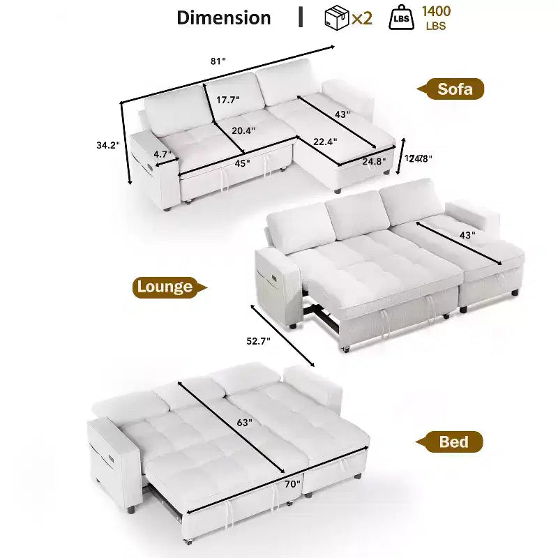 Divano letto Dyonery, 81 divano letto estraibile a L con penisola contenitore reversibile/porta USB/tasca laterale/montaggio senza attrezzi, velluto a coste beige