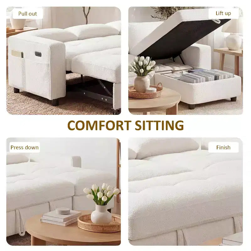 Divano letto Dyonery, 81 divano letto estraibile a L con penisola contenitore reversibile/porta USB/tasca laterale/montaggio senza attrezzi, velluto a coste beige