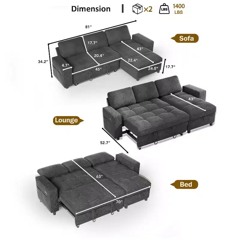 Divano letto Dyonery, 81 divano letto estraibile a L con penisola contenitore reversibile/porta USB/tasca laterale/montaggio senza attrezzi, velluto a coste beige