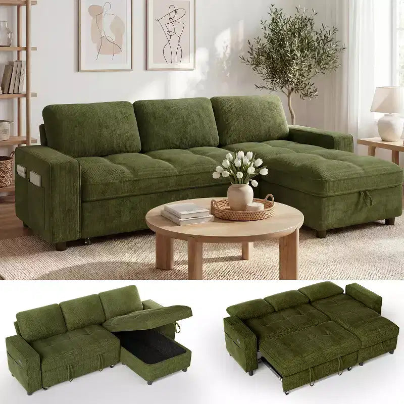 Divano letto Dyonery, 81 divano letto estraibile a L con penisola contenitore reversibile/porta USB/tasca laterale/montaggio senza attrezzi, velluto a coste beige