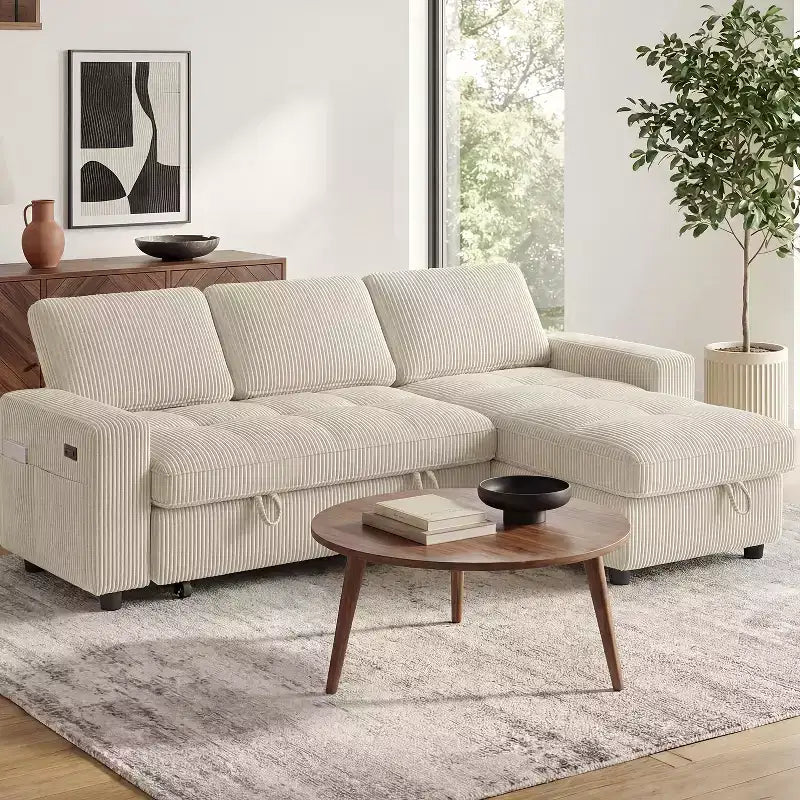 Divano letto Dyonery, 81 divano letto estraibile a L con penisola contenitore reversibile/porta USB/tasca laterale/montaggio senza attrezzi, velluto a coste beige