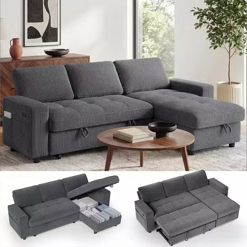 Divano letto Dyonery, 81 divano letto estraibile a L con penisola contenitore reversibile/porta USB/tasca laterale/montaggio senza attrezzi, velluto a coste beige