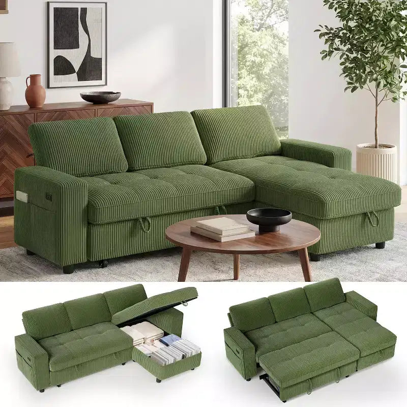 Divano letto Dyonery, 81 divano letto estraibile a L con penisola contenitore reversibile/porta USB/tasca laterale/montaggio senza attrezzi, velluto a coste beige