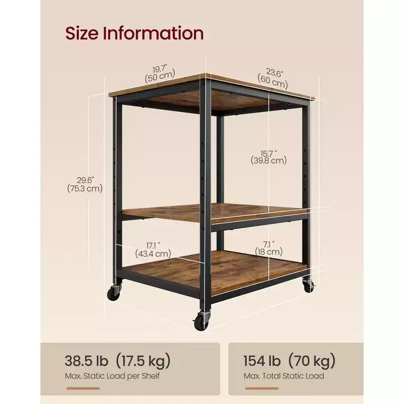 VASAGLE Supporto per Stampante, Carrello Porta Stampante, Tavolino Sottoscrivania, Mobile con Rotelle Bloccabili, Struttura in Acciaio, per Ufficio, Scaffale a 3 Livelli