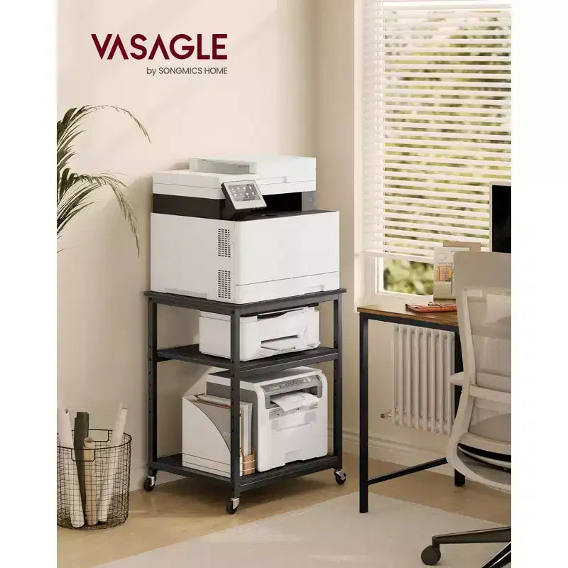 VASAGLE Supporto per Stampante, Carrello Porta Stampante, Tavolino Sottoscrivania, Mobile con Rotelle Bloccabili, Struttura in Acciaio, per Ufficio, Scaffale a 3 Livelli