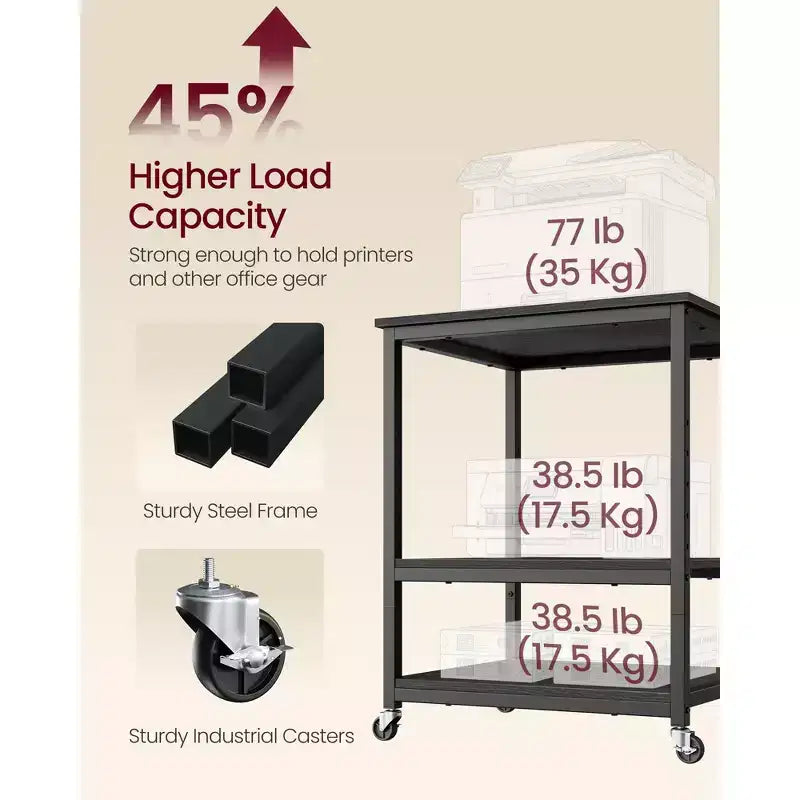 VASAGLE Supporto per Stampante, Carrello Porta Stampante, Tavolino Sottoscrivania, Mobile con Rotelle Bloccabili, Struttura in Acciaio, per Ufficio, Scaffale a 3 Livelli