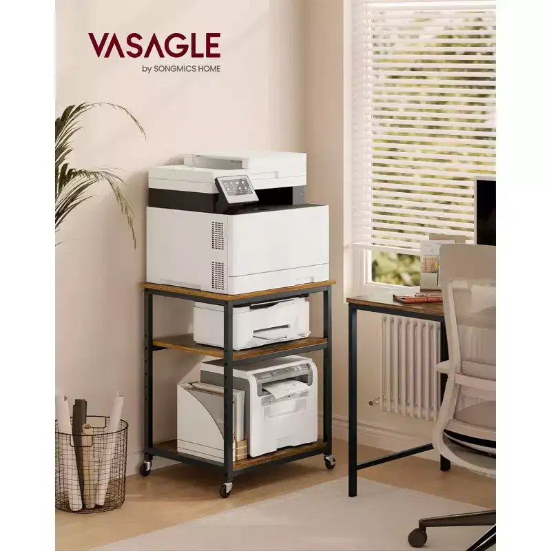 VASAGLE Supporto per Stampante, Carrello Porta Stampante, Tavolino Sottoscrivania, Mobile con Rotelle Bloccabili, Struttura in Acciaio, per Ufficio, Scaffale a 3 Livelli