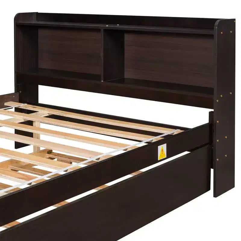 VECELO Letto a piattaforma singolo con rotelle e testiera portaoggetti, base letto con doghe in legno per piccoli spazi