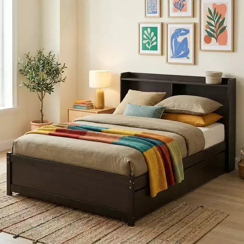 VECELO Letto a piattaforma singolo con rotelle e testiera portaoggetti, base letto con doghe in legno per piccoli spazi