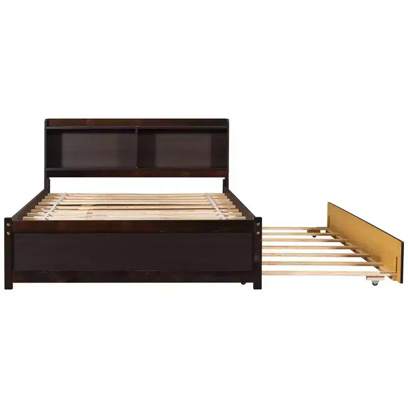 VECELO Letto a piattaforma singolo con rotelle e testiera portaoggetti, base letto con doghe in legno per piccoli spazi
