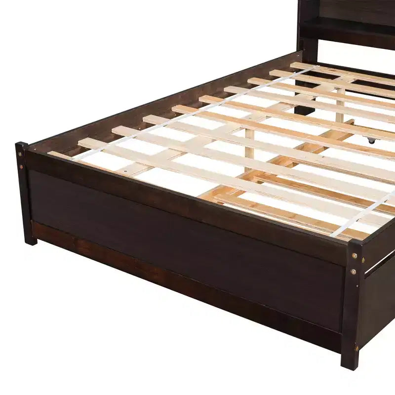 VECELO Letto a piattaforma singolo con rotelle e testiera portaoggetti, base letto con doghe in legno per piccoli spazi