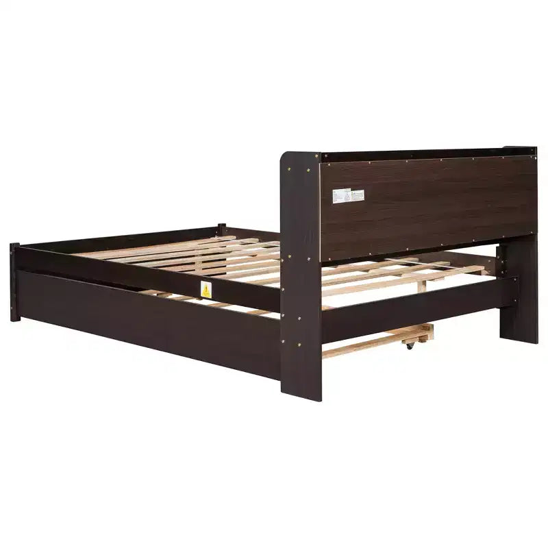 VECELO Letto a piattaforma singolo con rotelle e testiera portaoggetti, base letto con doghe in legno per piccoli spazi