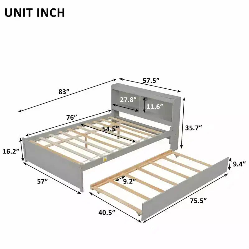 VECELO Letto a piattaforma singolo con rotelle e testiera portaoggetti, base letto con doghe in legno per piccoli spazi