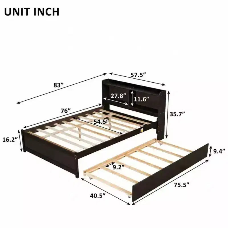VECELO Letto a piattaforma singolo con rotelle e testiera portaoggetti, base letto con doghe in legno per piccoli spazi