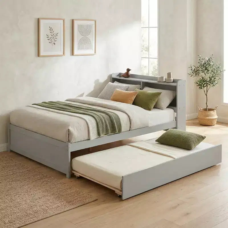 VECELO Letto a piattaforma singolo con rotelle e testiera portaoggetti, base letto con doghe in legno per piccoli spazi