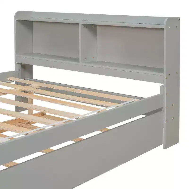 VECELO Letto a piattaforma singolo con rotelle e testiera portaoggetti, base letto con doghe in legno per piccoli spazi