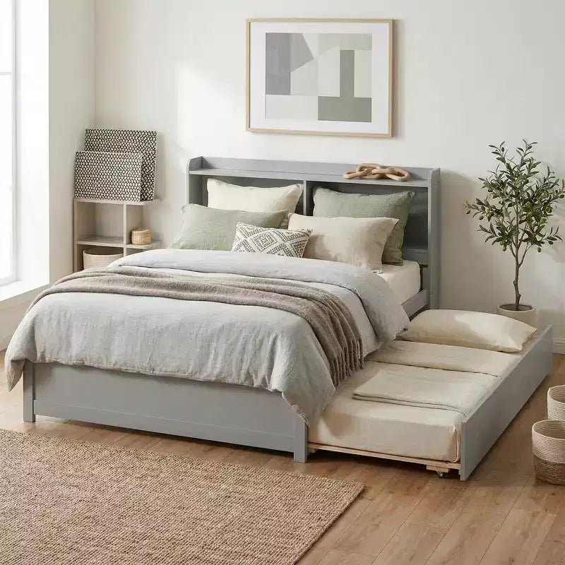 VECELO Letto a piattaforma singolo con rotelle e testiera portaoggetti, base letto con doghe in legno per piccoli spazi