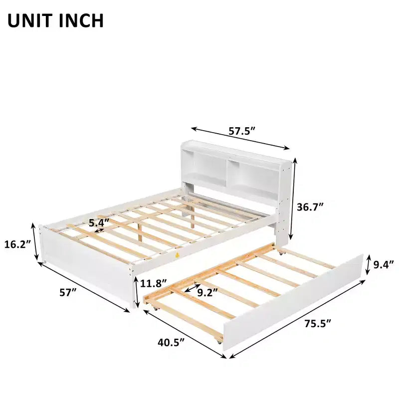 VECELO Letto a piattaforma singolo con rotelle e testiera portaoggetti, base letto con doghe in legno per piccoli spazi