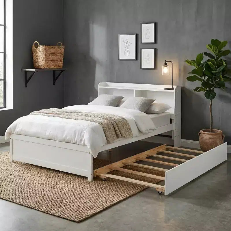 VECELO Letto a piattaforma singolo con rotelle e testiera portaoggetti, base letto con doghe in legno per piccoli spazi