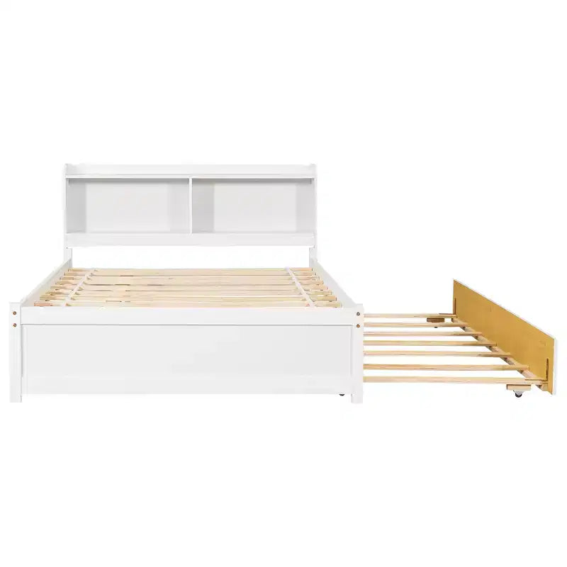 VECELO Letto a piattaforma singolo con rotelle e testiera portaoggetti, base letto con doghe in legno per piccoli spazi