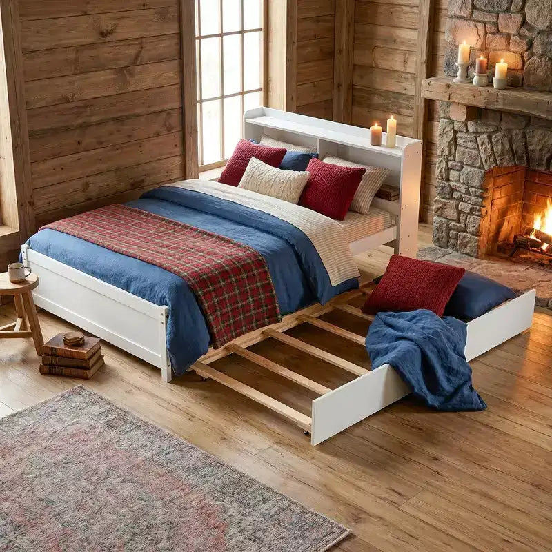 VECELO Letto a piattaforma singolo con rotelle e testiera portaoggetti, base letto con doghe in legno per piccoli spazi