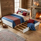 VECELO Letto a piattaforma singolo con rotelle e testiera portaoggetti, base letto con doghe in legno per piccoli spazi