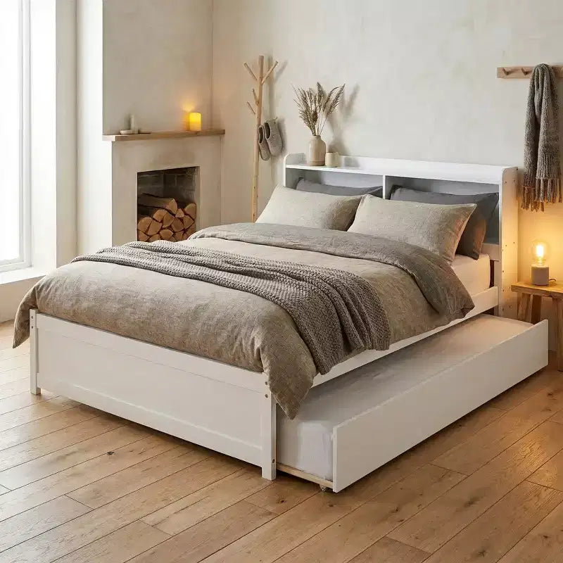 VECELO Letto a piattaforma singolo con rotelle e testiera portaoggetti, base letto con doghe in legno per piccoli spazi