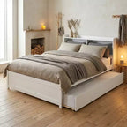 VECELO Letto a piattaforma singolo con rotelle e testiera portaoggetti, base letto con doghe in legno per piccoli spazi