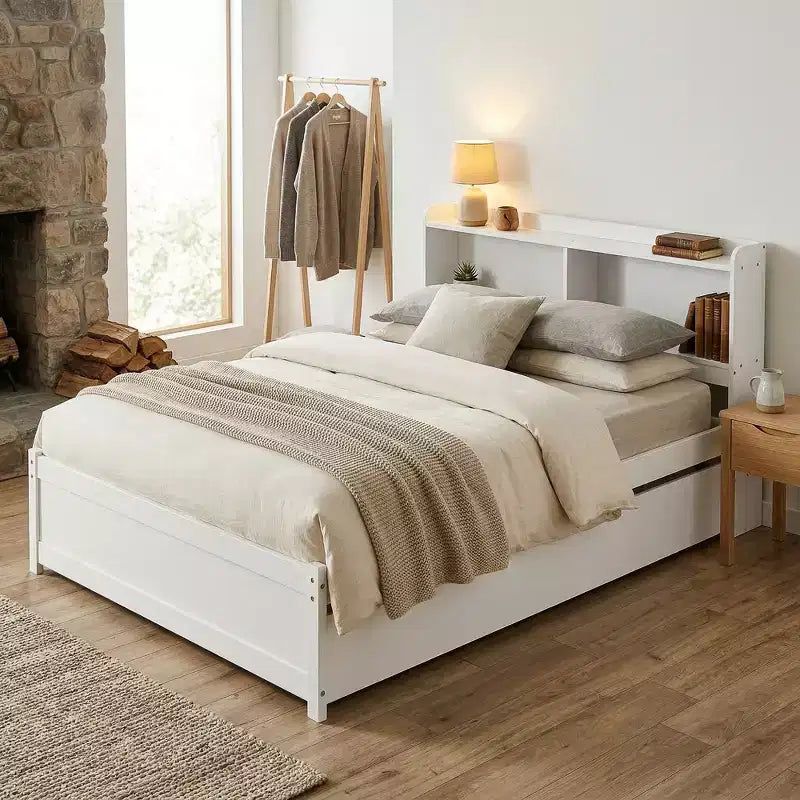 VECELO Letto a piattaforma singolo con rotelle e testiera portaoggetti, base letto con doghe in legno per piccoli spazi