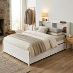 VECELO Letto a piattaforma singolo con rotelle e testiera portaoggetti, base letto con doghe in legno per piccoli spazi