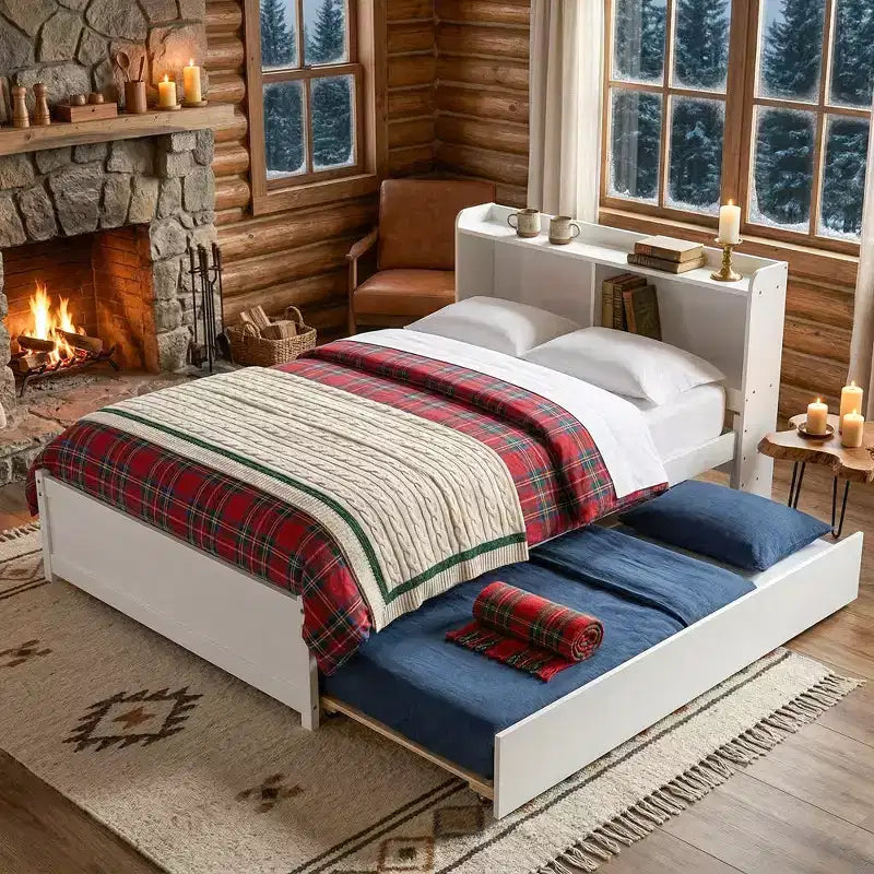 VECELO Letto a piattaforma singolo con rotelle e testiera portaoggetti, base letto con doghe in legno per piccoli spazi