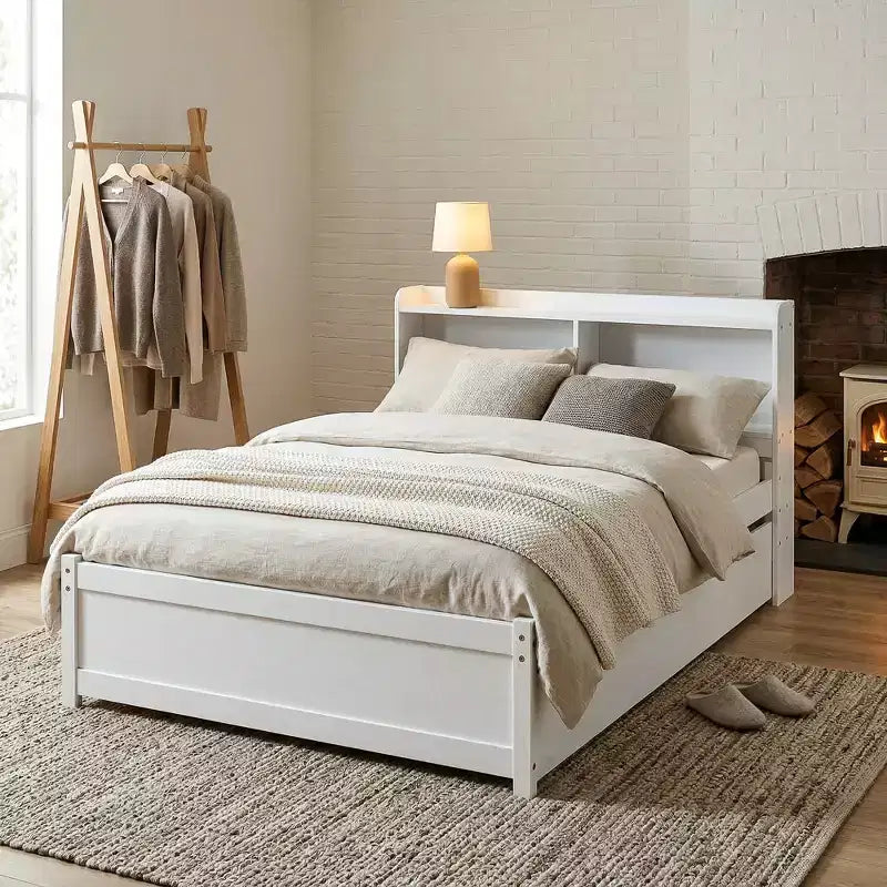 VECELO Letto a piattaforma singolo con rotelle e testiera portaoggetti, base letto con doghe in legno per piccoli spazi