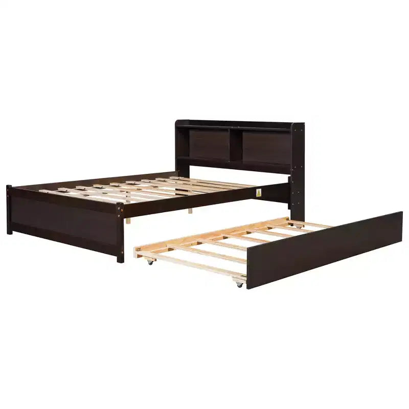 VECELO Letto a piattaforma singolo con rotelle e testiera portaoggetti, base letto con doghe in legno per piccoli spazi