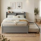 VECELO Letto a piattaforma singolo con rotelle e testiera portaoggetti, base letto con doghe in legno per piccoli spazi