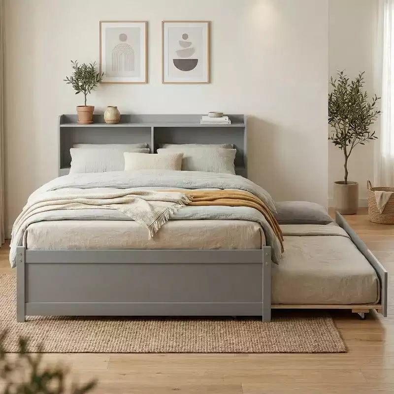 VECELO Letto a piattaforma singolo con rotelle e testiera portaoggetti, base letto con doghe in legno per piccoli spazi
