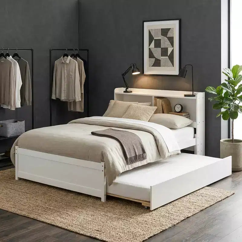 VECELO Letto a piattaforma singolo con rotelle e testiera portaoggetti, base letto con doghe in legno per piccoli spazi