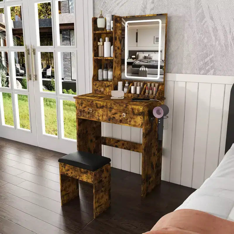 Toeletta per il trucco con sgabello, specchio illuminato a 3 colori, supporto per asciugacapelli, presa di corrente e cassetti portaoggetti - ModernLuxe