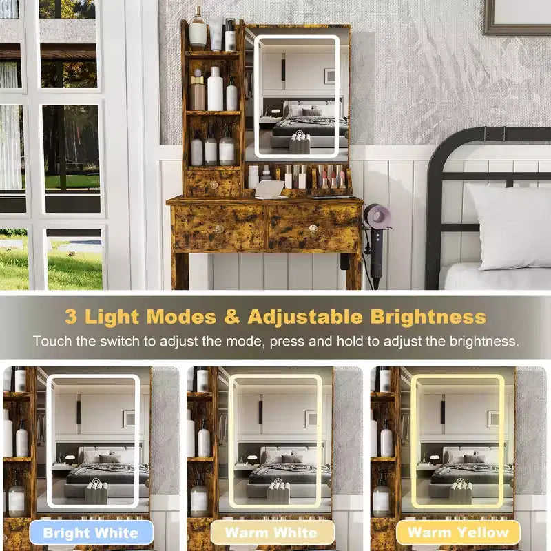 Toeletta per il trucco con sgabello, specchio illuminato a 3 colori, supporto per asciugacapelli, presa di corrente e cassetti portaoggetti - ModernLuxe