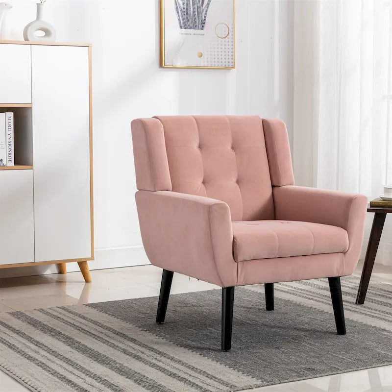 Poltrona moderna accentuata con bottoni in velluto rosa, 75 cm, con gambe in legno