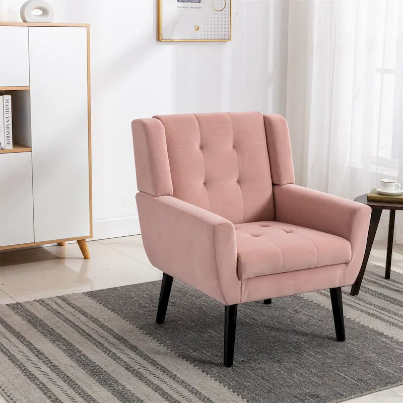 Poltrona moderna accentuata con bottoni in velluto rosa, 75 cm, con gambe in legno