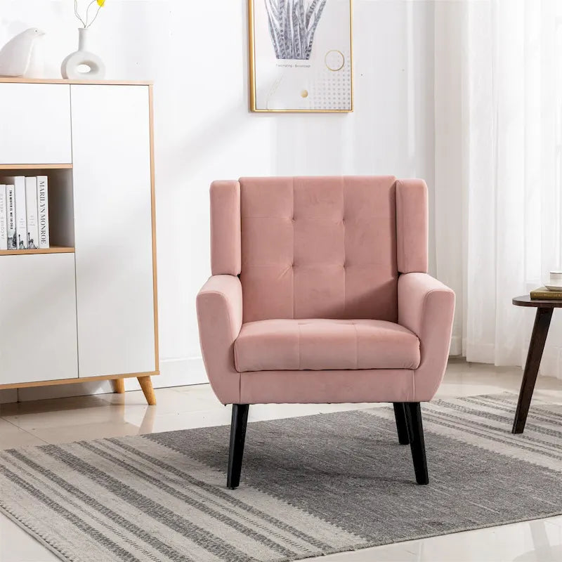 Poltrona moderna accentuata con bottoni in velluto rosa, 75 cm, con gambe in legno