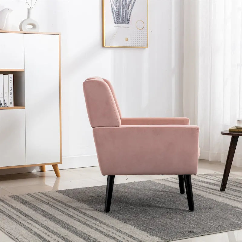 Poltrona moderna accentuata con bottoni in velluto rosa, 75 cm, con gambe in legno
