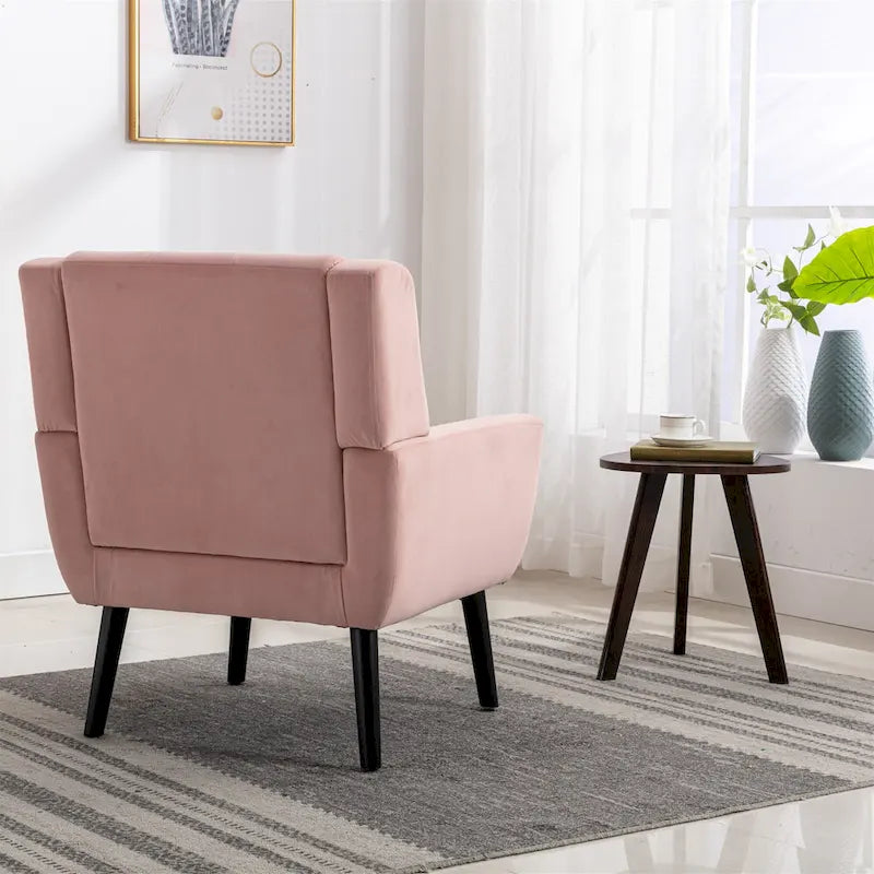Poltrona moderna accentuata con bottoni in velluto rosa, 75 cm, con gambe in legno