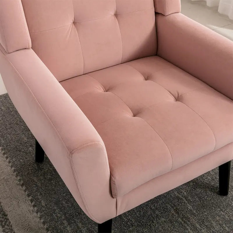 Poltrona moderna accentuata con bottoni in velluto rosa, 75 cm, con gambe in legno
