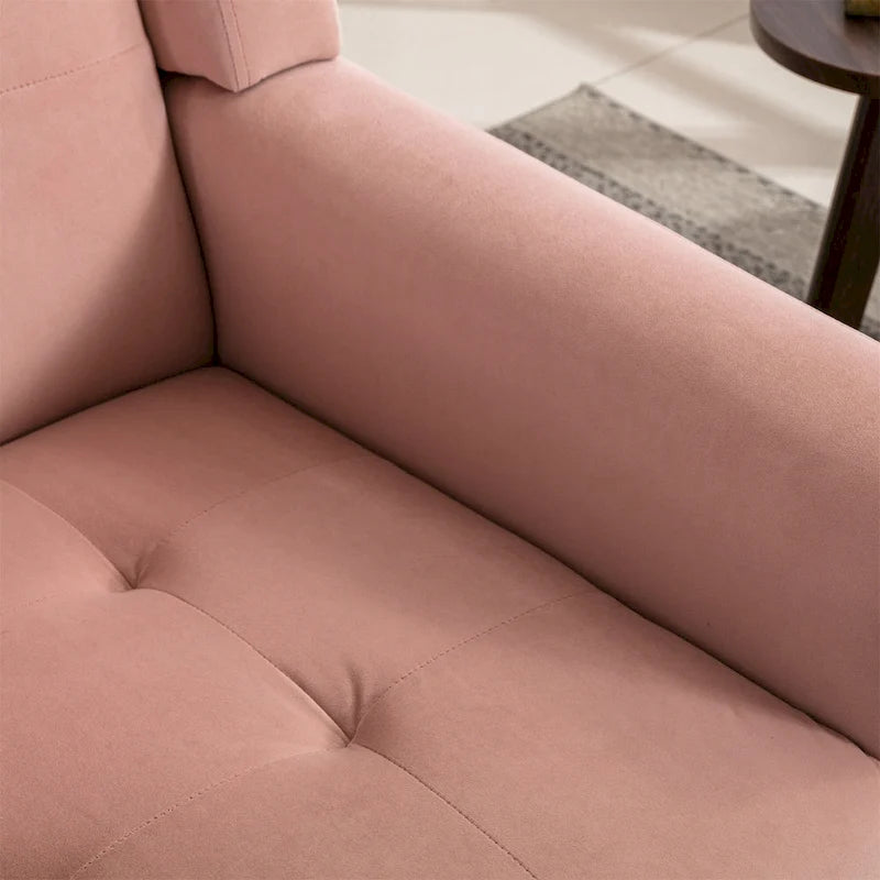 Poltrona moderna accentuata con bottoni in velluto rosa, 75 cm, con gambe in legno