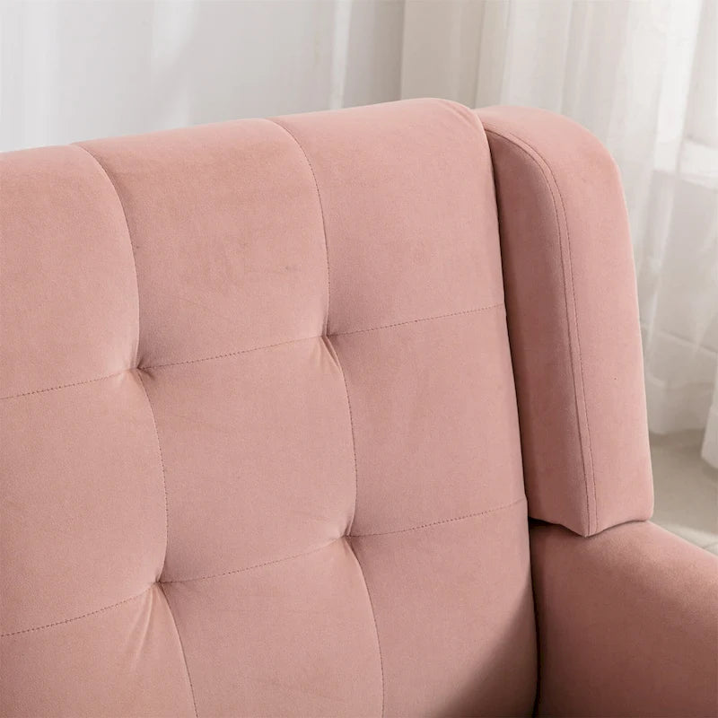 Poltrona moderna accentuata con bottoni in velluto rosa, 75 cm, con gambe in legno